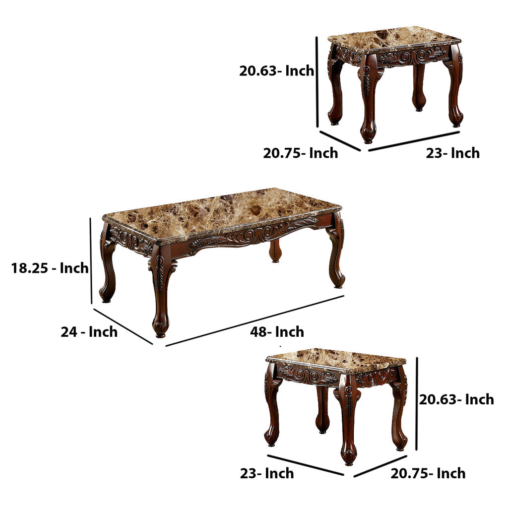 Benzara | 3-Piece 48 in. Brown Large Rectangle Marble Coffee Table Set with Marble Table Top