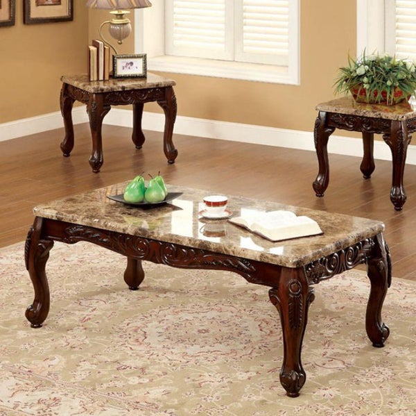 Benzara | 3-Piece 48 in. Brown Large Rectangle Marble Coffee Table Set with Marble Table Top