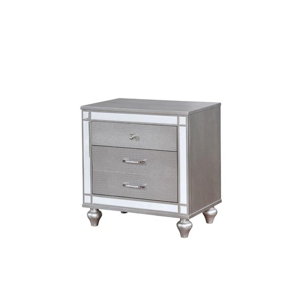 Three Drawer Solid Wood Nightstand With Mirror Accent Trim Front, Silver