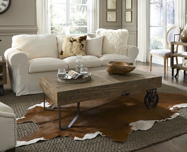 Rectangular Thick Wood Top Coffee Table With Sand Cast Metal Base, Brown