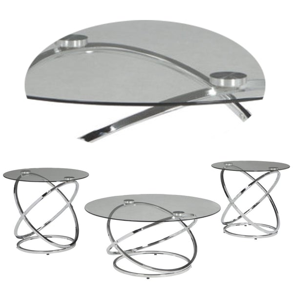 Contemporary Glass Top Table Set With Metal Rings Base, Clear And Silver