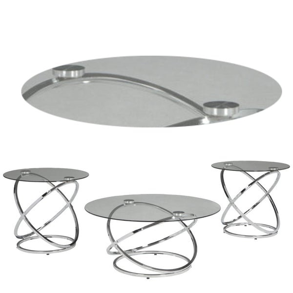 Contemporary Glass Top Table Set With Metal Rings Base, Clear And Silver
