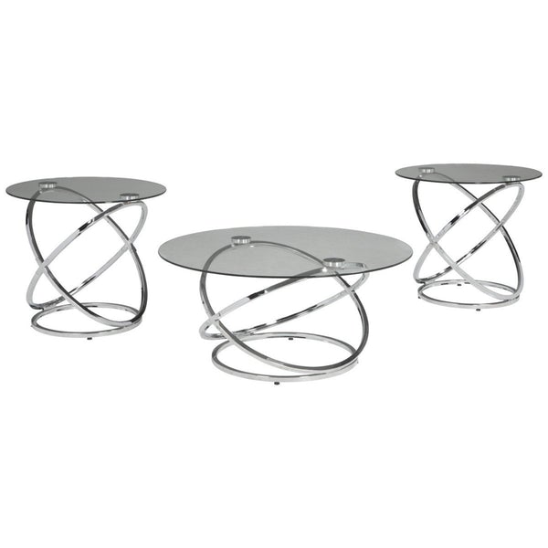 Contemporary Glass Top Table Set With Metal Rings Base, Clear And Silver