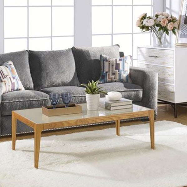 BM191256 - Wooden Frame Rectangular Coffee Table With Beveled Tempered Glass Top, Brown And Clear