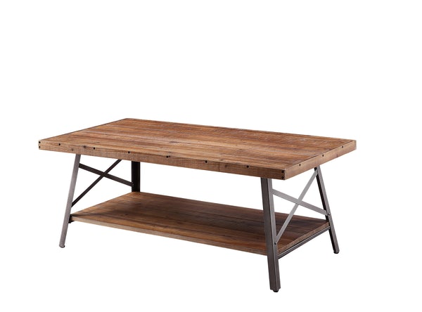 Wooden Coffee Table With X Crossed Metal Sides And Open Shelf, Brown And Black
