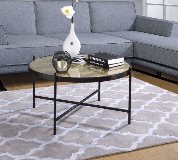Metal Framed Round Coffee Table With X" Shaped Support Crossbar, Brown And Black