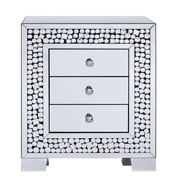 3 Drawer Nightstand With Mirror Panel And Faux Gem Inlays, Silver