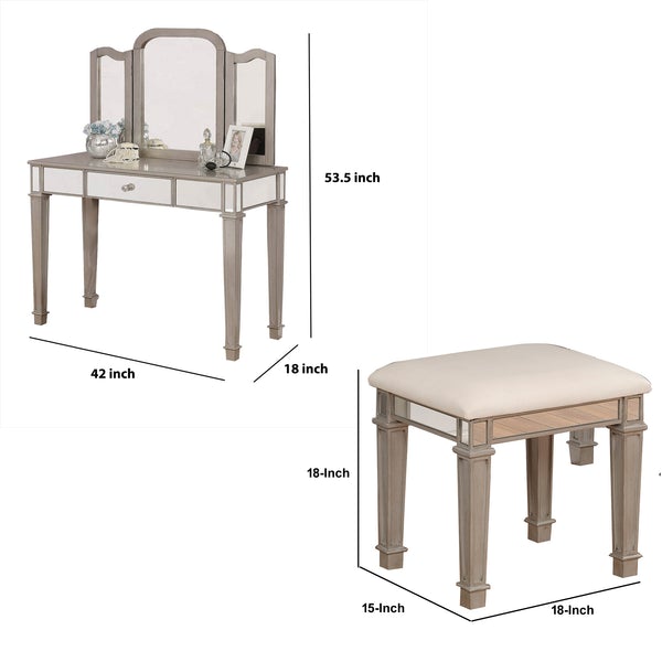 Wooden Vanity Set With 1 Drawer And Tri Fold Mirror, Gray And Silver