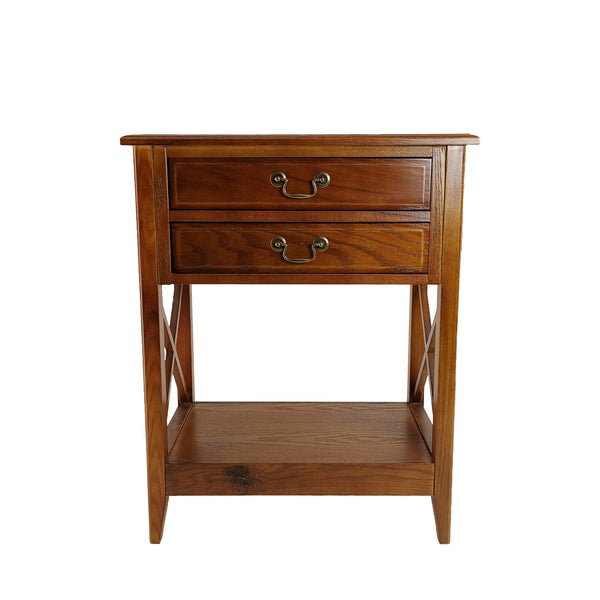 Wooden Nightstand With 2 Drawers And Criss Cross Sides, Brown