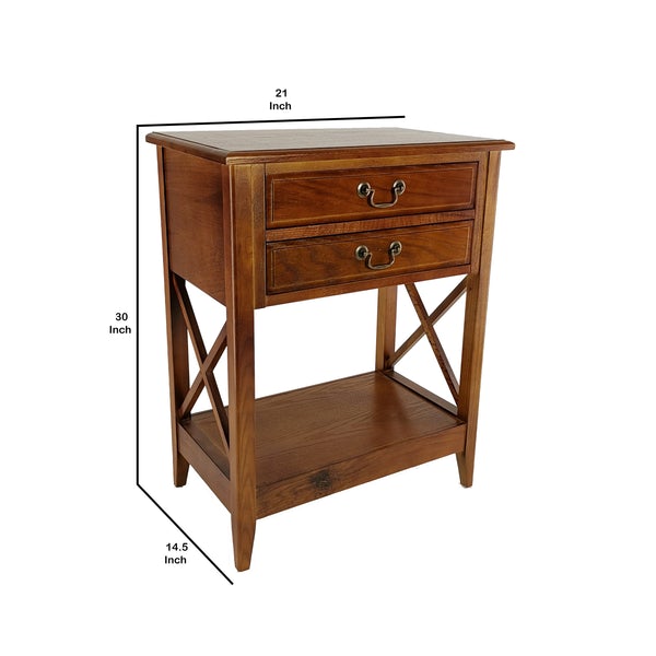 Wooden Nightstand With 2 Drawers And Criss Cross Sides, Brown