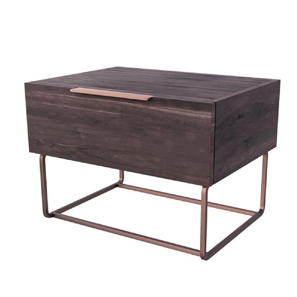 1 Drawer Wooden Nightstand With Rectangular Steel Frame Support, Dark Brown
