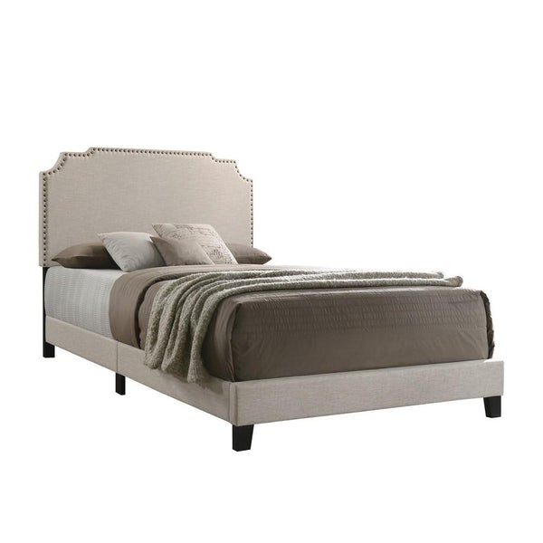 Fabric Upholstered Wooden Queen Size Bed With Nailhead Trims, Beige