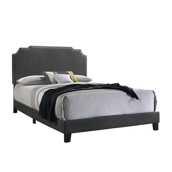 Fabric Upholstered Wooden Queen Size Bed With Nailhead Trims, Gray