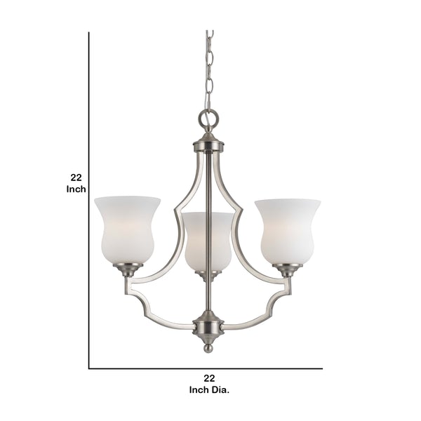 3 Bulb Uplight Chandelier With Metal Frame And Glass Shades,Silver And White - BM223048