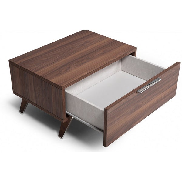 1 Drawer Wooden Nightstand With Metal Handle And Angled Legs, Brown