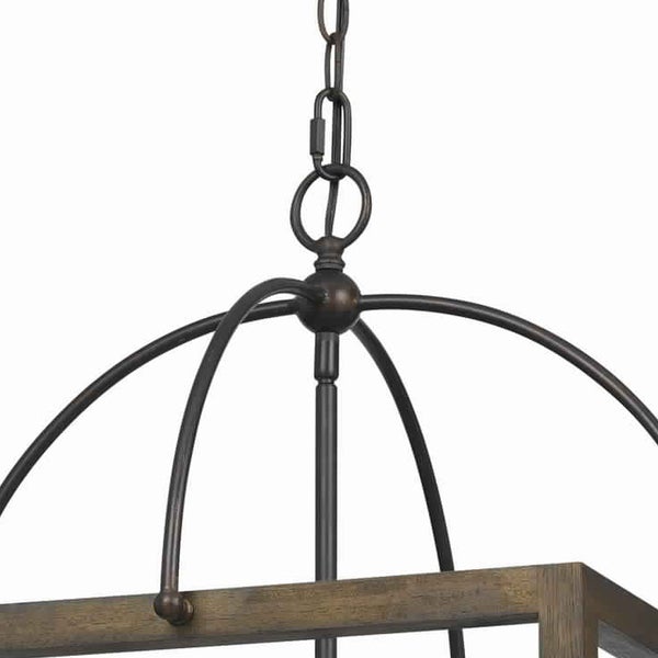 Rectangular Chandelier With Wooden Frame And Organza Striped Shade, Brown - BM223601
