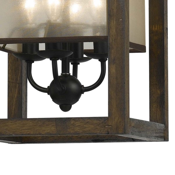 4 Bulb Chandelier With Wooden Frame And Organza Striped Shade, Brown - BM223624