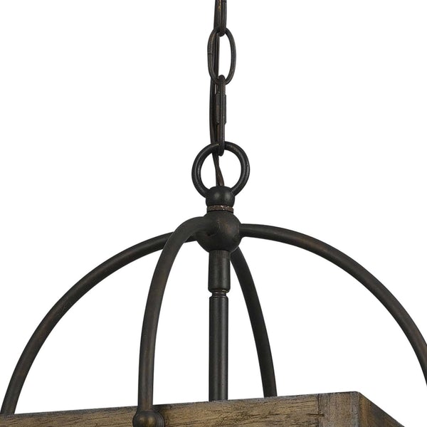 4 Bulb Chandelier With Wooden Frame And Organza Striped Shade, Brown - BM223624