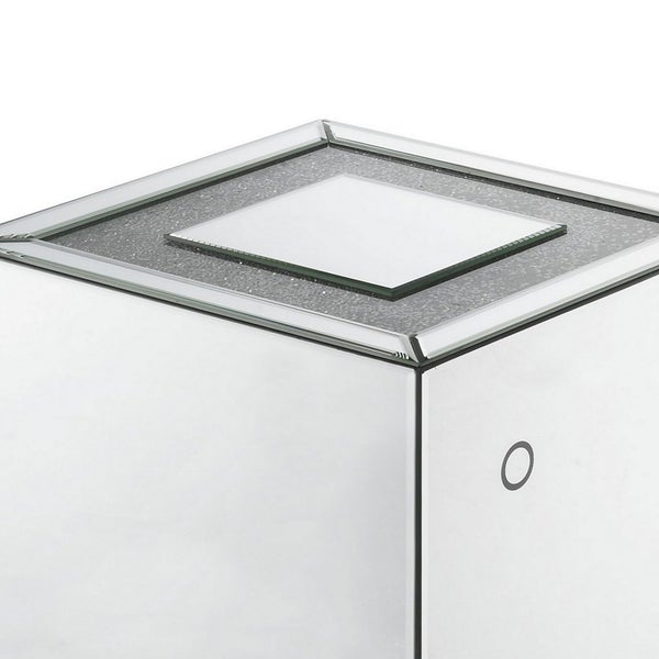 Mirrored Accent Table With Faux Diamond Inlaid Glass Top, Silver