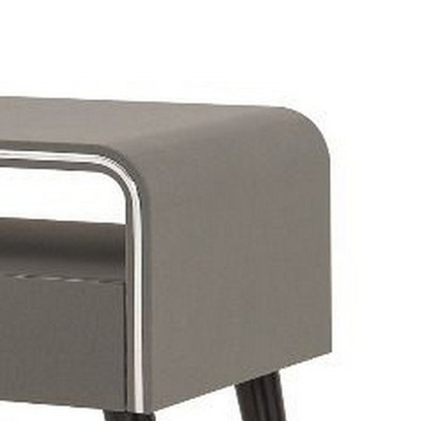 Curved Edge 1 Drawer Nightstand With Chrome Trim, Gray And Black