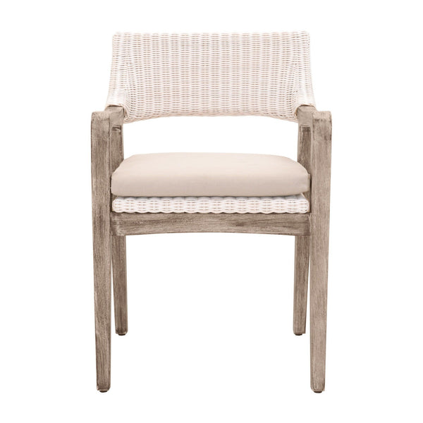 Wooden Frame Fabric Upholstered Wicker Arm Chair, Gray And Brown