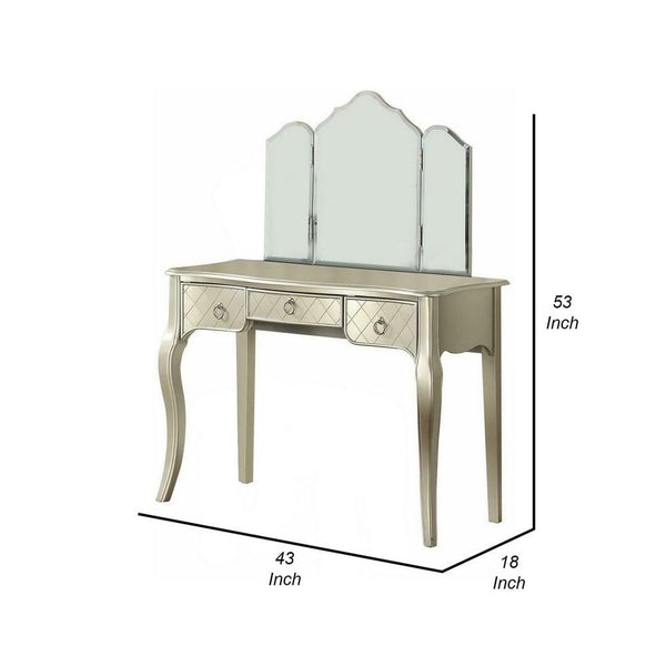 3 Drawer Wooden Carved Vanity Set With Curved Legs, Silver