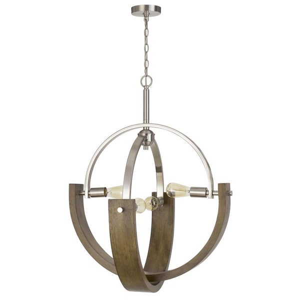 4 Bulb Metal And Wooden Chandelier, Silver And Brown - BM233295