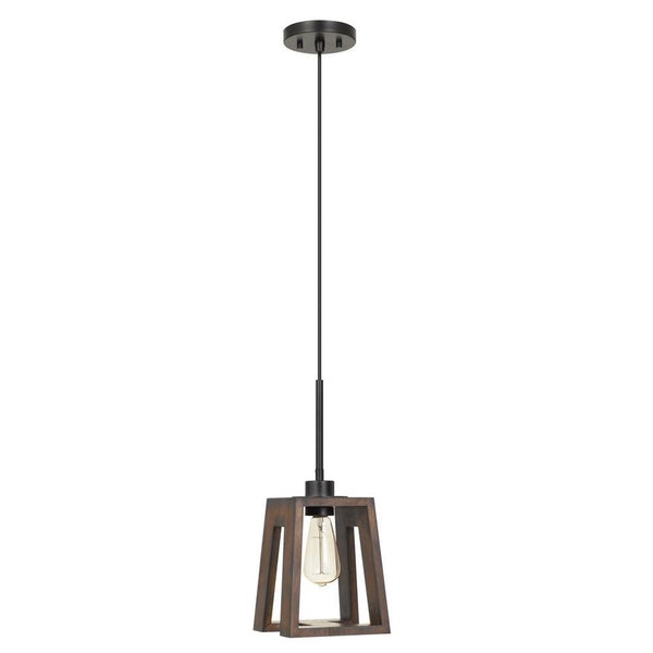 60 Watt Pendant Fixture With H Shaped Wooden Shade, Brown - BM233298