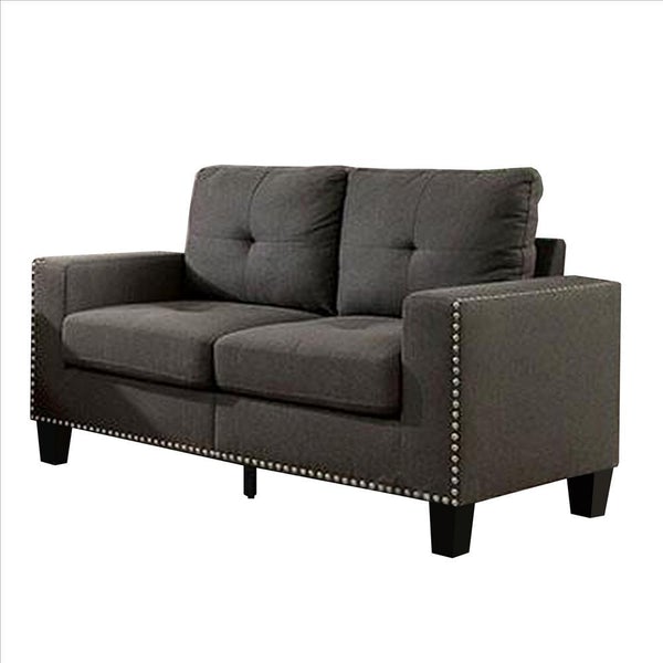 Fabric Upholstered Loveseat With Track Arms And Nailhead Trim, Dark Gray