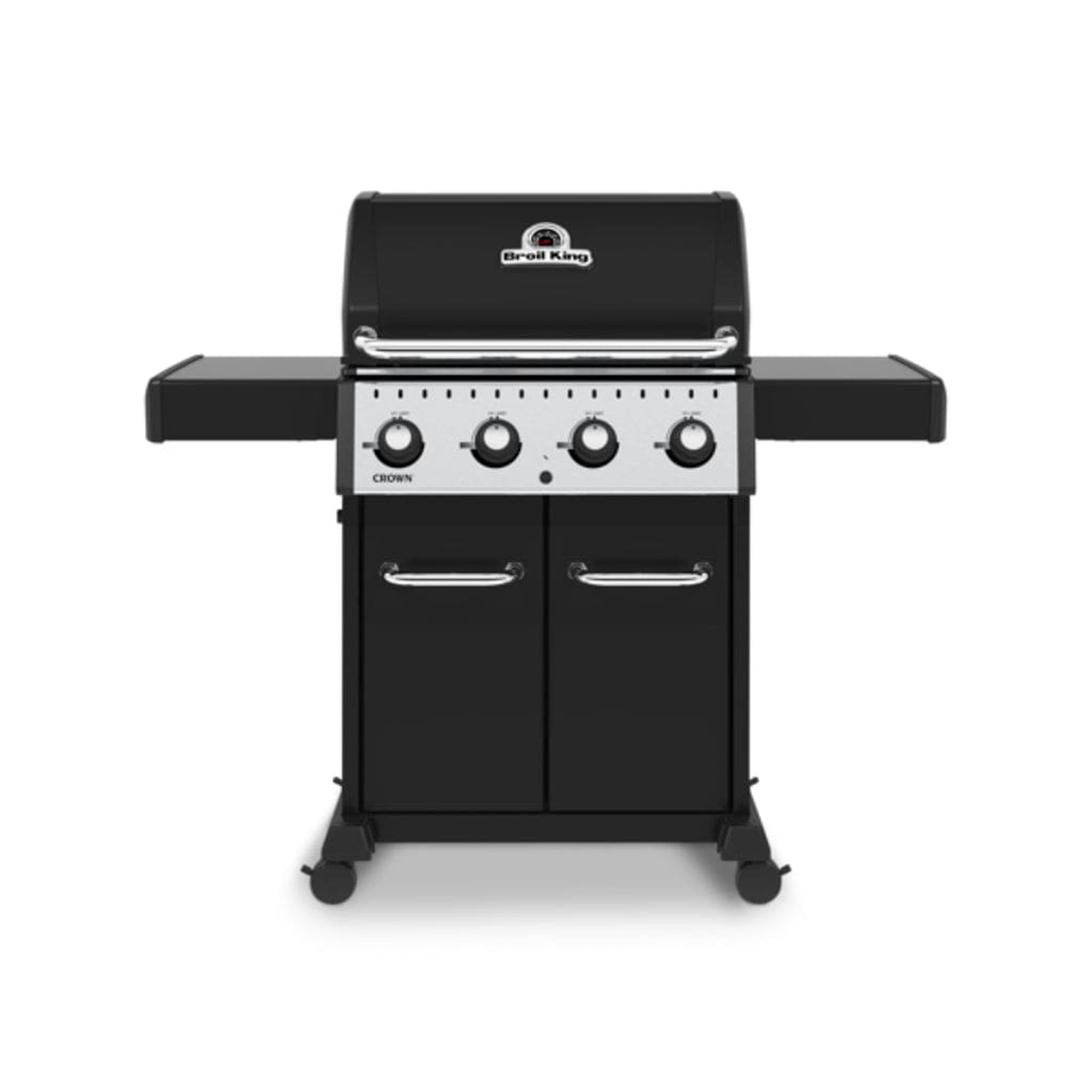 Broil King 57" Crown 420 4-Burner Black Gas Grill with Cast Iron Grids & Drop-Down Shelves