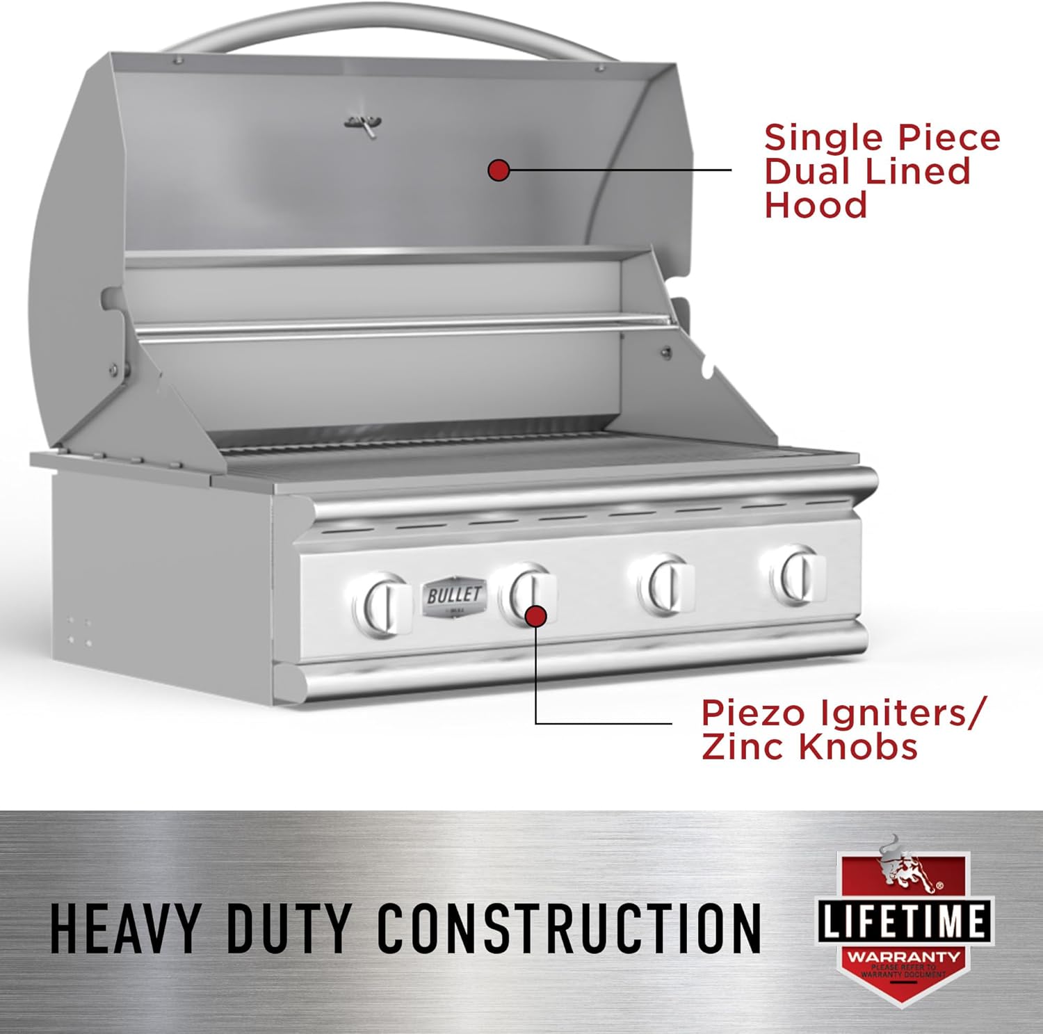 Bull Angus 30" Built-In 4-Burner Gas Grill Twin Lighting System with Infrared Backburner and Rotisserie
