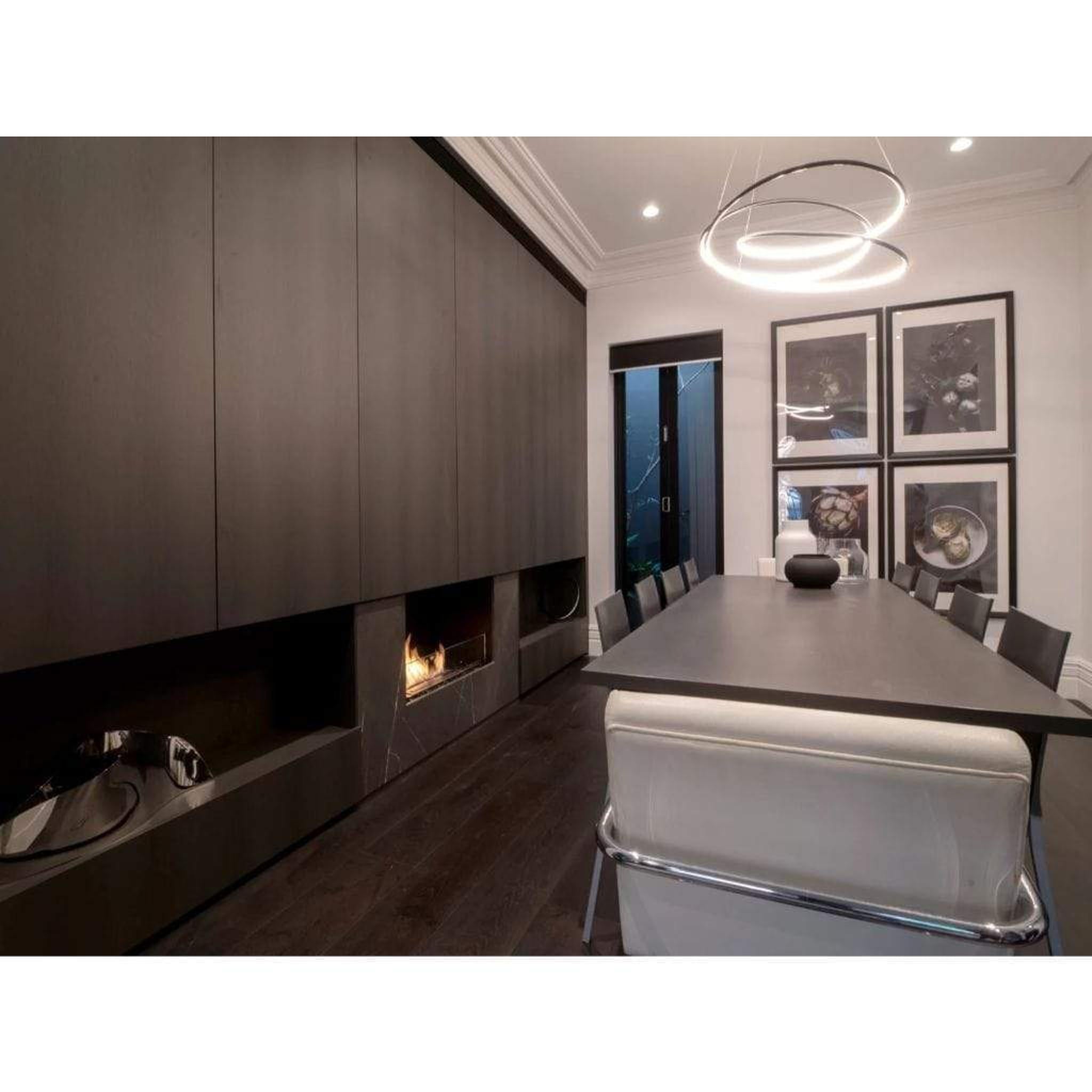 EcoSmart Fire Flex 104SS 112" Black Single Sided Ethanol Fireplace Insert with Stainless Steel Burner and Left Side Decorative Box with Black Glass Charcoal by Mad Design Group