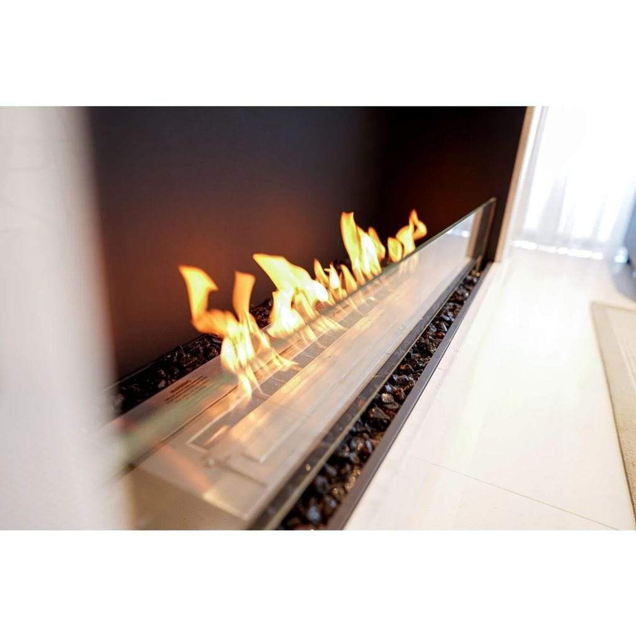 EcoSmart Fire Flex 104SS 112" Black Single Sided Ethanol Fireplace Insert with Stainless Steel Burner and Left Side Decorative Box with Black Glass Charcoal by Mad Design Group