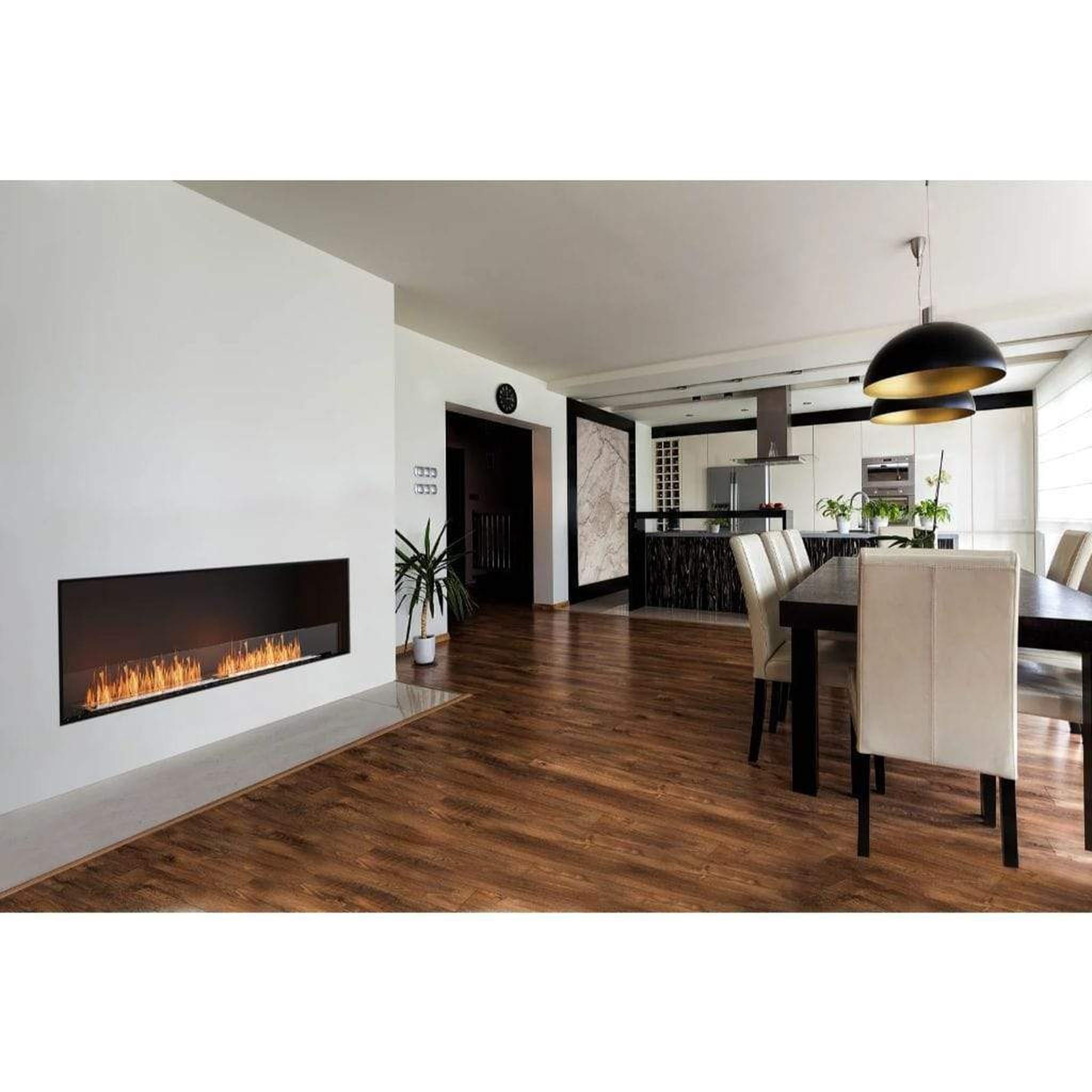 EcoSmart Fire Flex 104SS 112" Black Single Sided Ethanol Fireplace Insert with Stainless Steel Burner and Left Side Decorative Box with Black Glass Charcoal by Mad Design Group