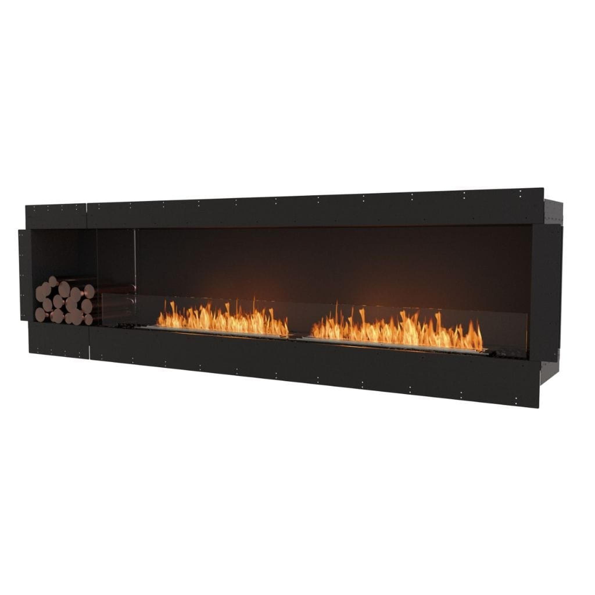 EcoSmart Fire Flex 104SS 112" Black Single Sided Ethanol Fireplace Insert with Stainless Steel Burner and Left Side Decorative Box with Black Glass Charcoal by Mad Design Group