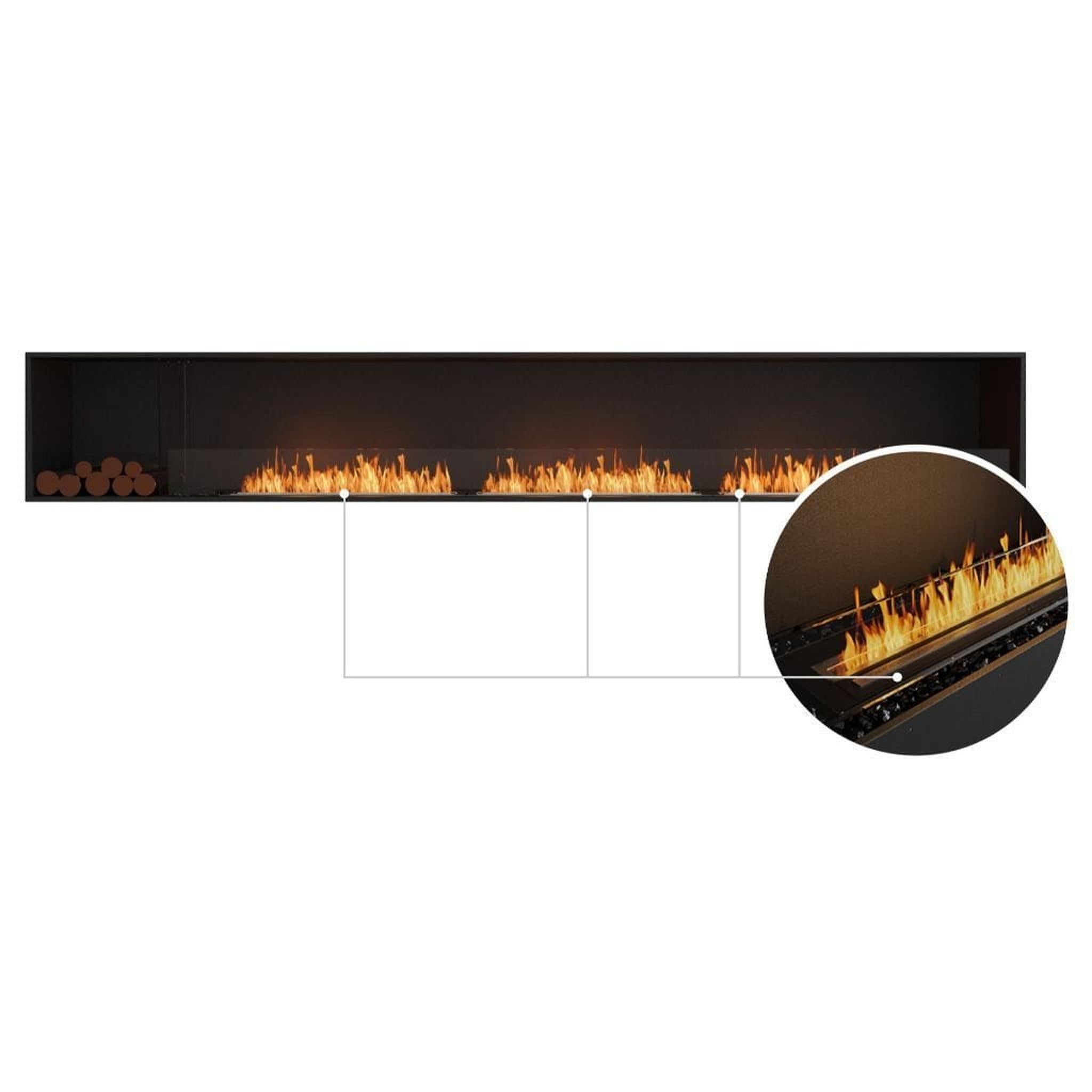 EcoSmart Fire Flex 140SS 148" Black Single Sided Ethanol Fireplace Insert with Stainless Steel Burner and Left Side Decorative Box Featuring Black Glass Charcoal by Mad Design Group