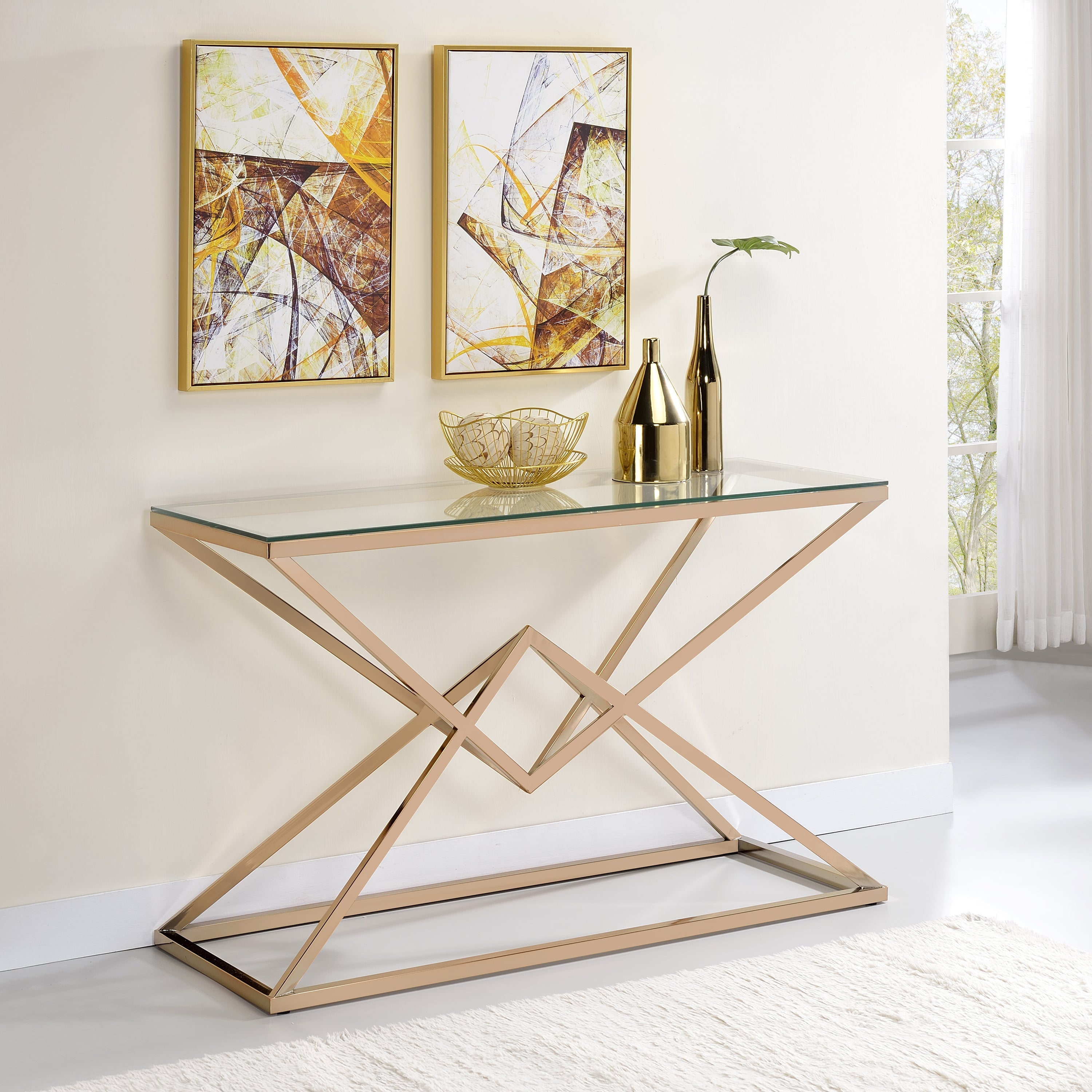 Cazzanarro Glass Top Console Table in Gold