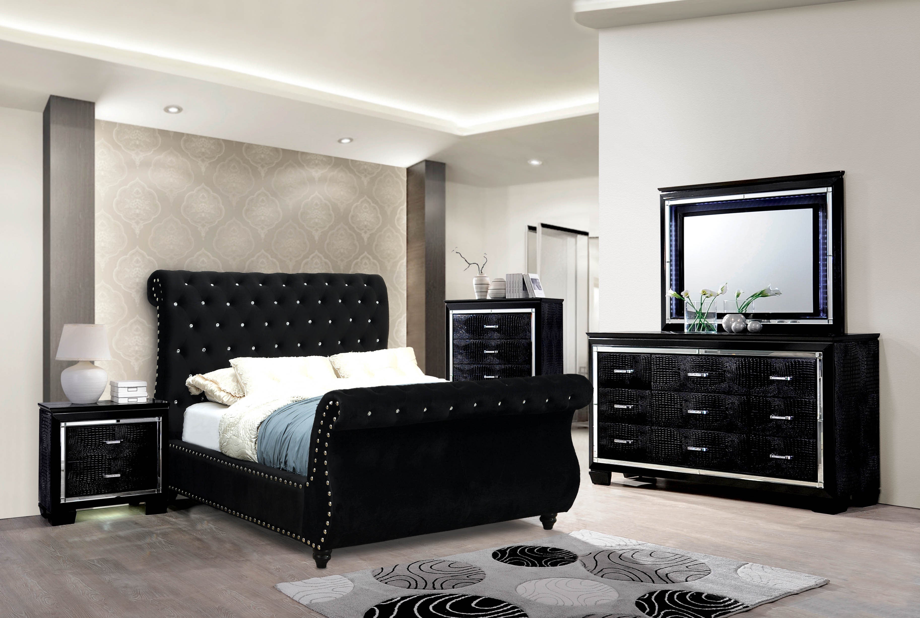 Shirley Transitional Fabric Queen Platform Bed in Black