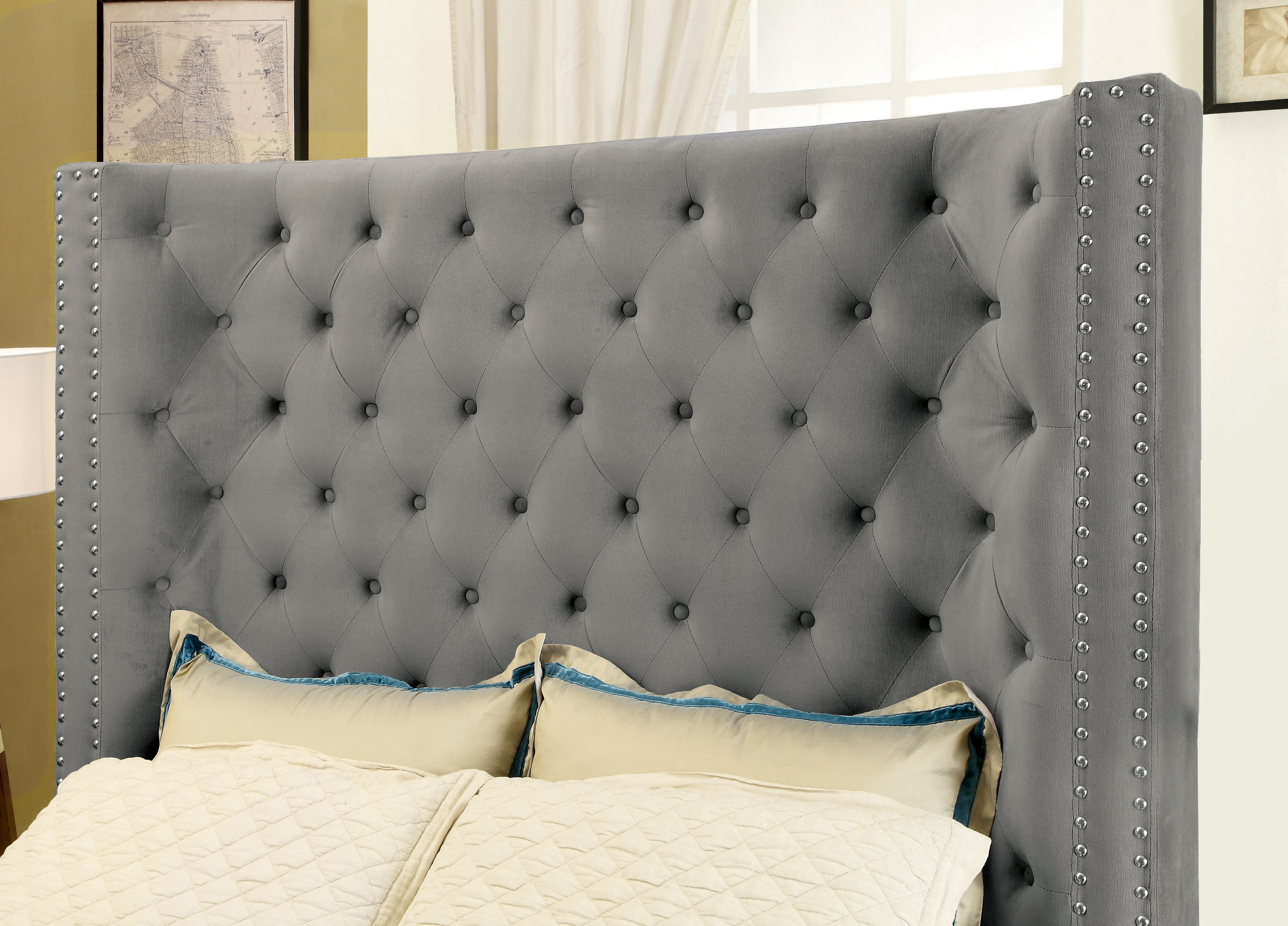Kerch Transitional Eastern King Wingback Bed in Gray