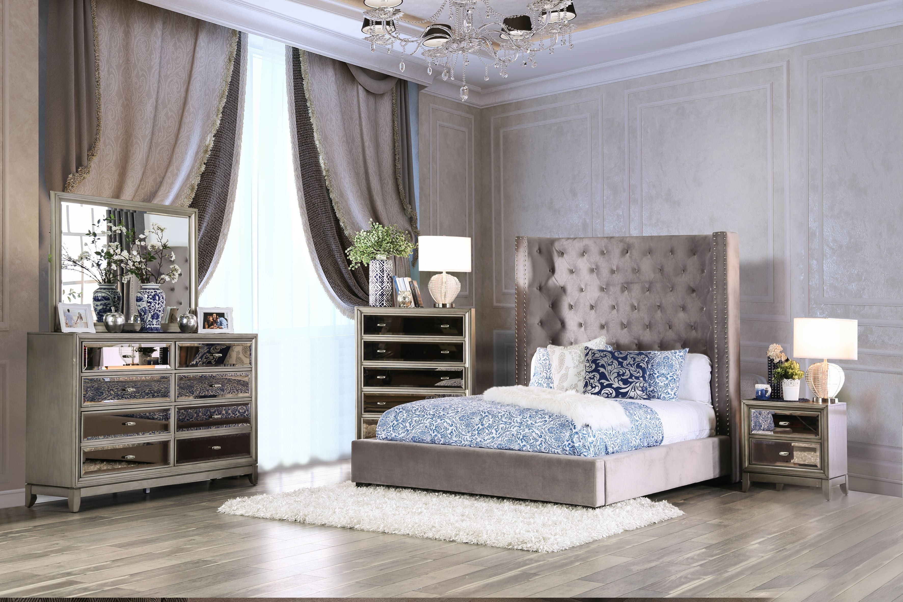 Kerch Transitional Eastern King Wingback Bed in Gray