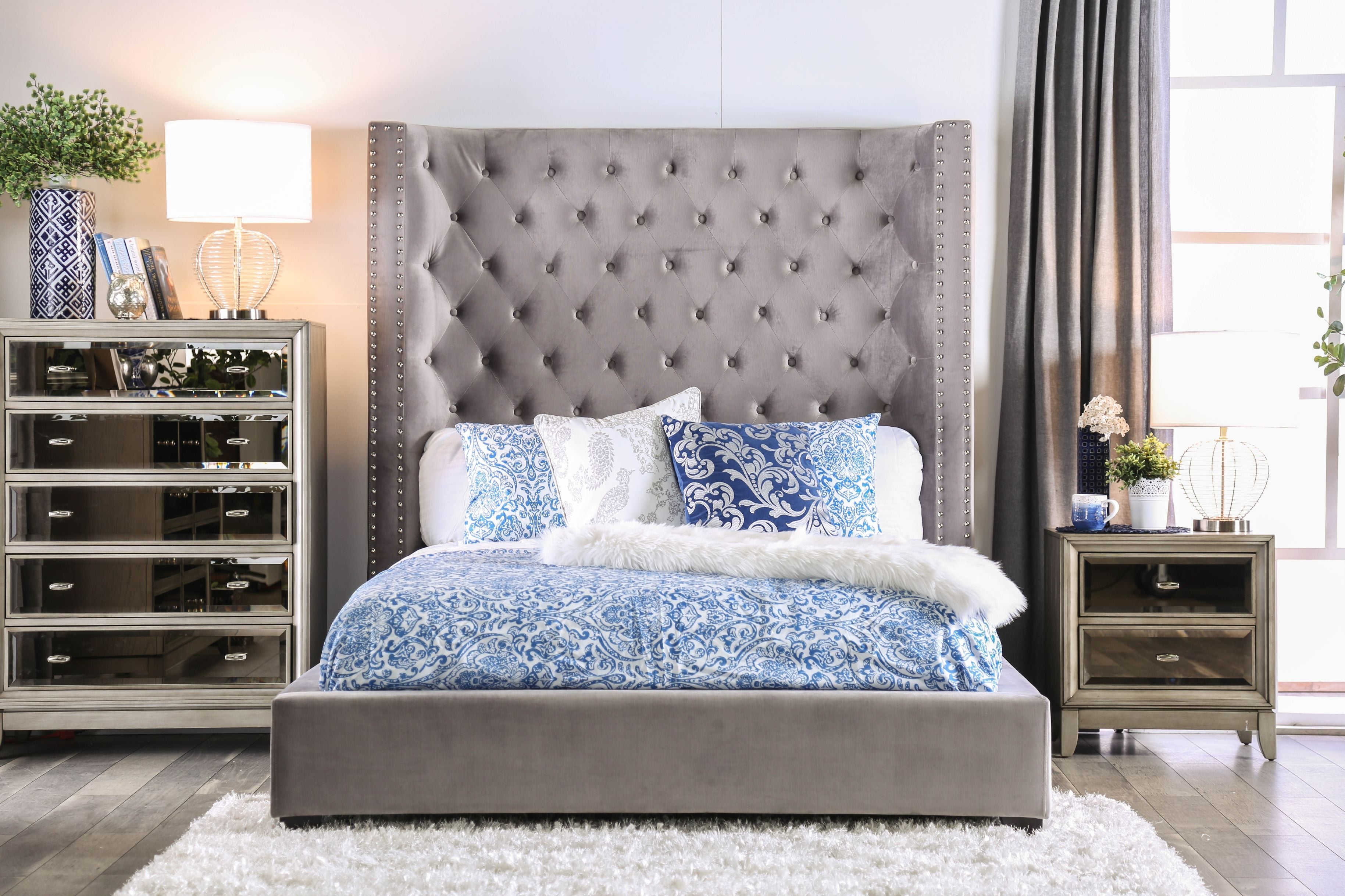 Kerch Transitional Queen Wingback Bed in Gray