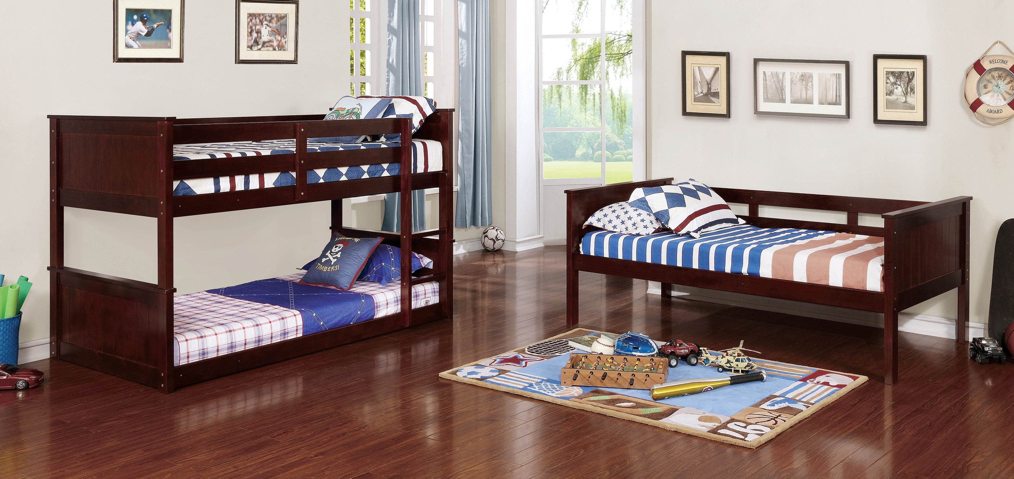 Stephen Transitional Solid Wood Twin Triple Bunk Bed in Dark Walnut