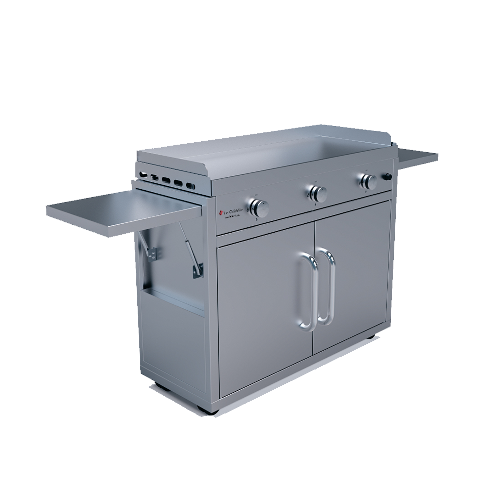 Le Griddle The Big Texan 41” Freestanding Gas Griddle with Cart, 3 Burners, Dual Plate Surface & Fold-Down Side Shelves
