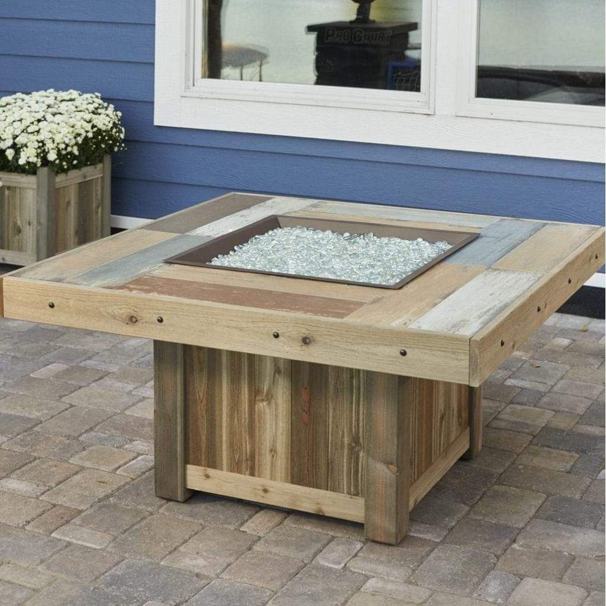 The Outdoor GreatRoom Company Vintage Gas Fire Pit Table with Faux-Wood Tile Top – 49" Square