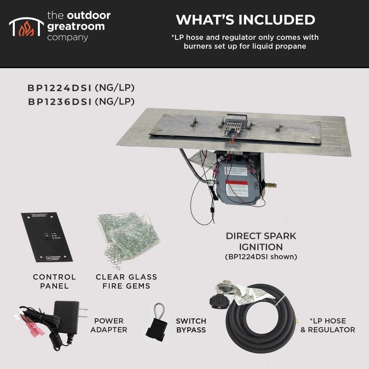 The Outdoor GreatRoom Company Crystal Fire Plus 13.5" x 36" Stainless Steel Linear Gas Burner Plate Kit with Direct Spark Ignition