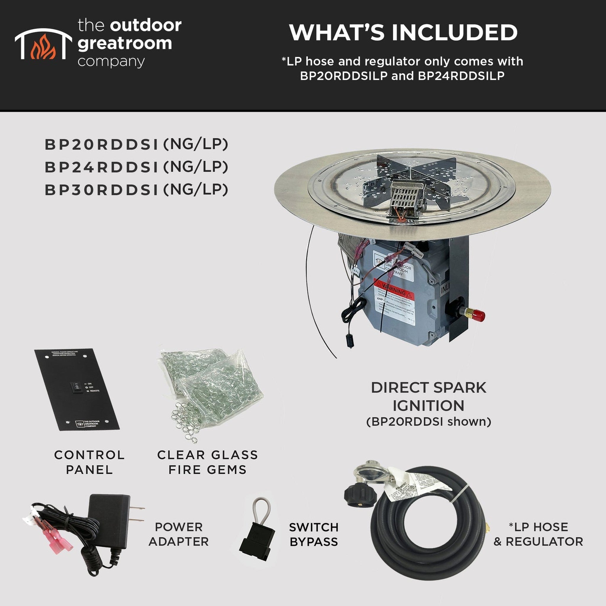 The Outdoor GreatRoom Company 36" Round Crystal Fire Plus Direct Spark LPG Gas Burner Kit with Stainless Steel Plate