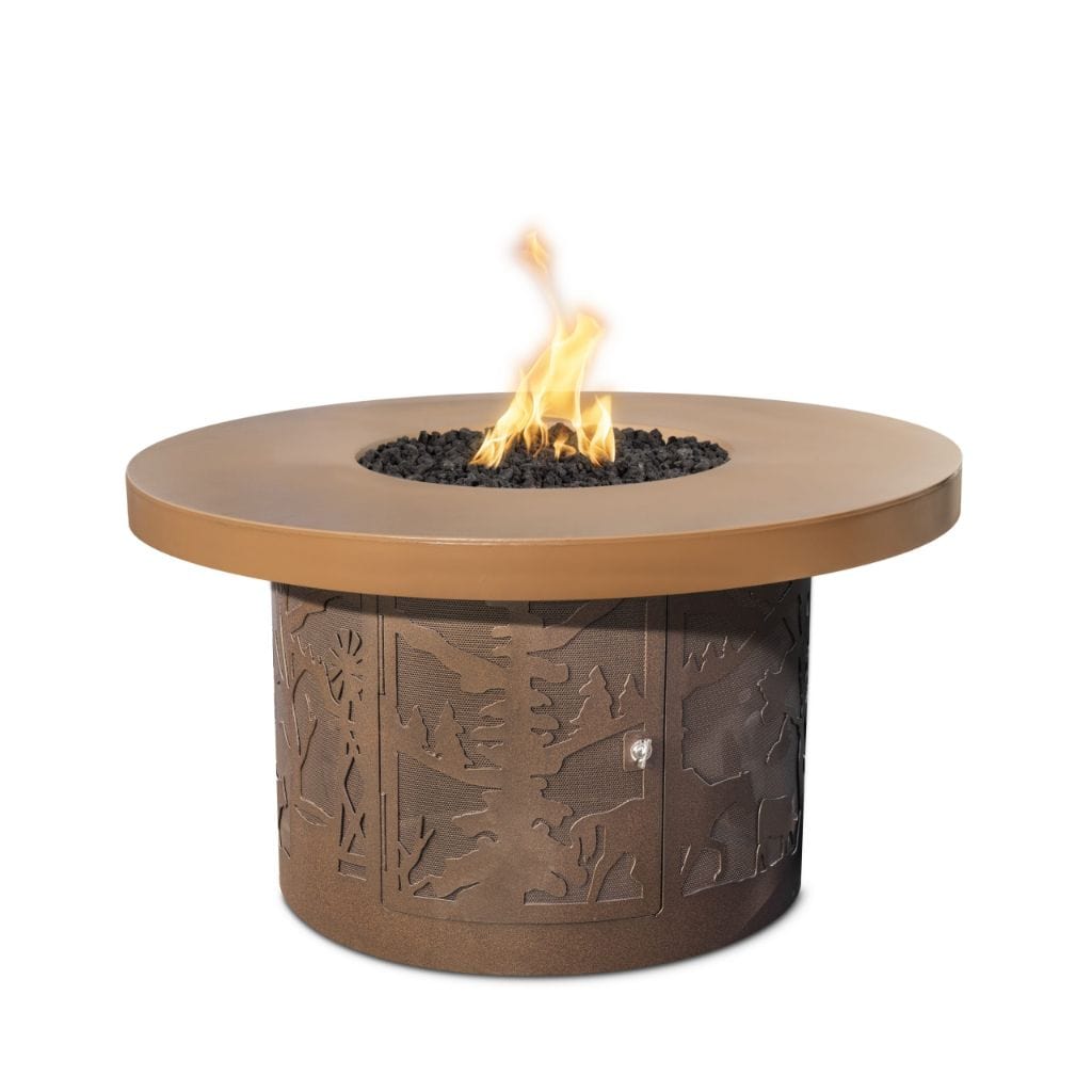 46" Outback Cattle Ranch GFRC Metallic/Rustic Top and Powdered Steel Base Round Liquid Propane Fire Table - 12V Electronic - The Outdoor Plus