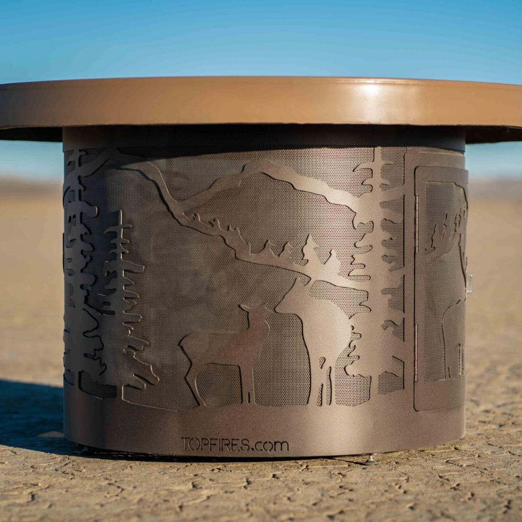 The Outdoor Plus - 46" Outback Deer Country GFRC Metallic/Rustic Top and Powdered Steel Base Round Liquid Propane Fire Table - Match Lit