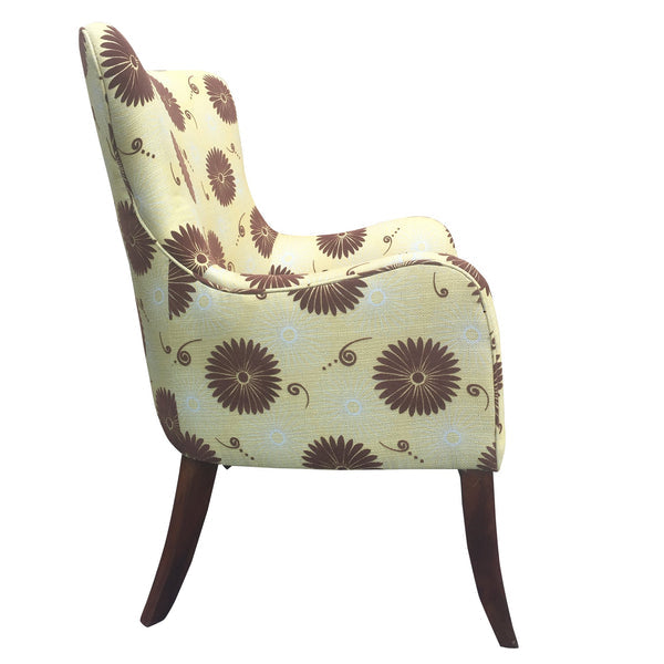 Patterned Fabric Arm Upholstered Side Sofa Chair With Flared Legs, Brown And Yellow