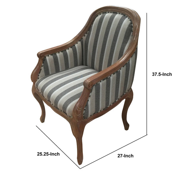 Striped Fabric Arm Wooden Frame Side Sofa Chair, Gray And White